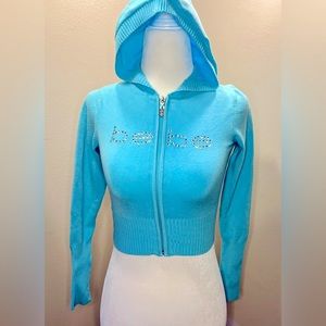 Bebe Swarovski Crystal logo crop zip-up jacket